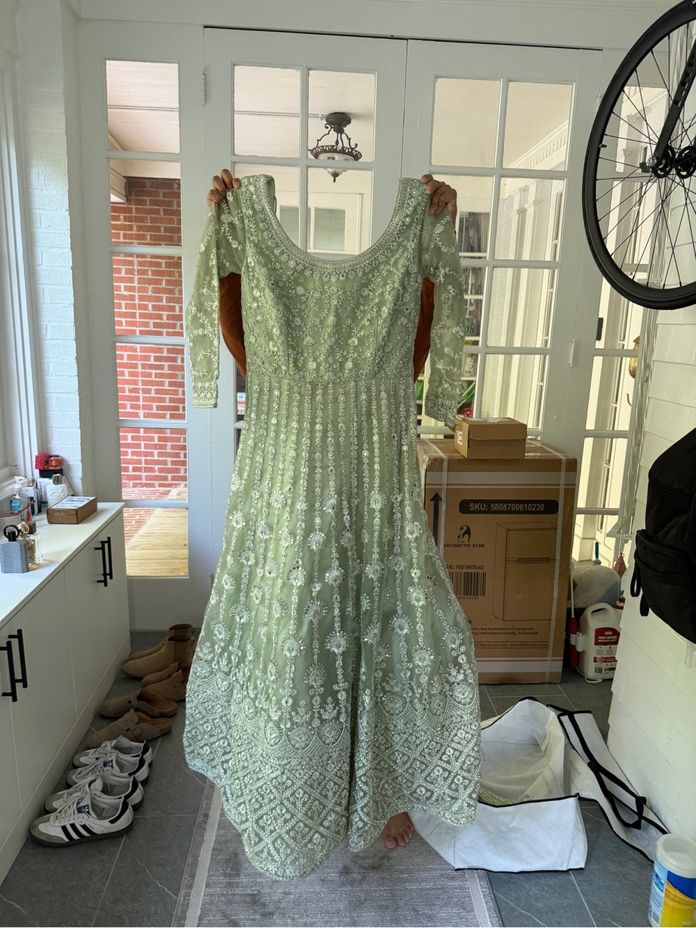Elegant Mint Green Embroidered Long Sleeve Dress